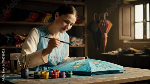 Woman painting umbrella traditional workshop cinematic UHD handheld cultural lifestyle stock video. female artisan decorates parasol classic studio artistry ultra high definition