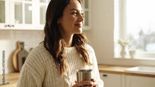 Woman sipping coffee stainless steel tumbler cinematic UHD handheld eco lifestyle stock video. female enjoying beverage metal container filmic ultra high definition portable green