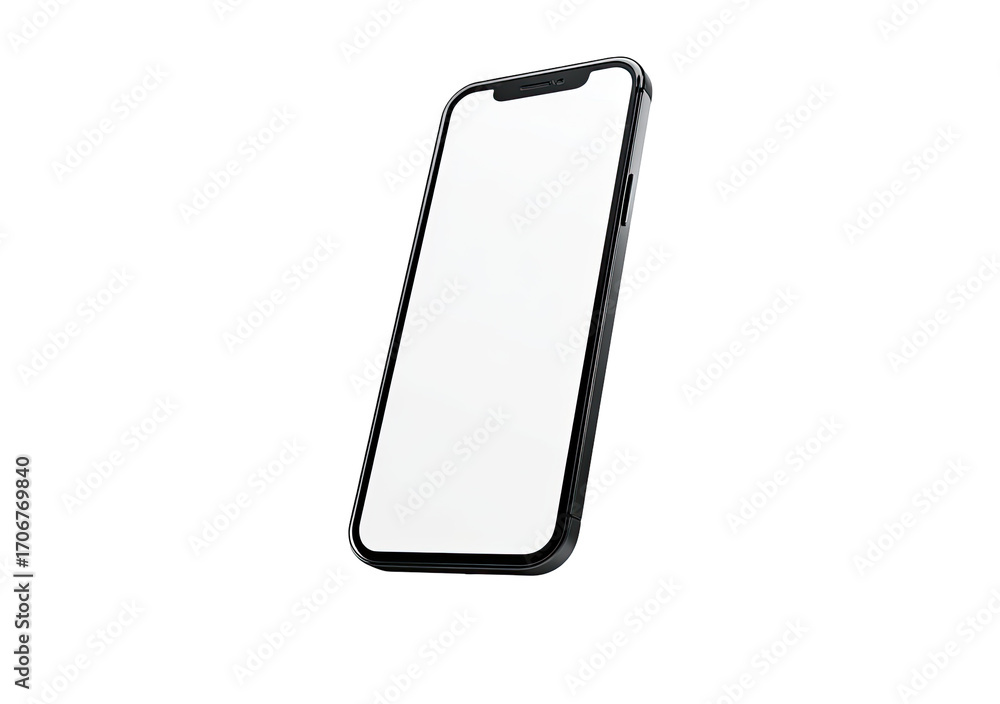 A black smartphone with a blank white screen, angled diagonally A black smartphone with a blank white screen, angled diagonally