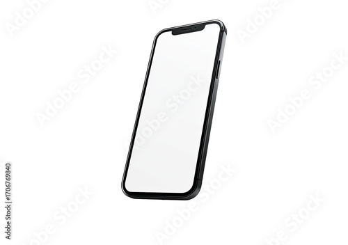 A black smartphone with a blank white screen, angled diagonally