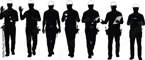 Silhouettes of Construction Workers Wearing Helmets Holding Clipboards, Tools, and Communicating on Site in Professional Working PosesSilhouettes of Construction Workers Wearing 