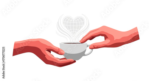 Illustration of two hands holding a steaming cup of coffee with a heart-shaped steam rising on International Coffee Day against a clean white background.