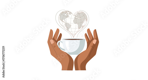 Illustration of hands cradling a coffee cup with a heart-shaped steam rising to a world map on International Coffee Day, against a clean white background.