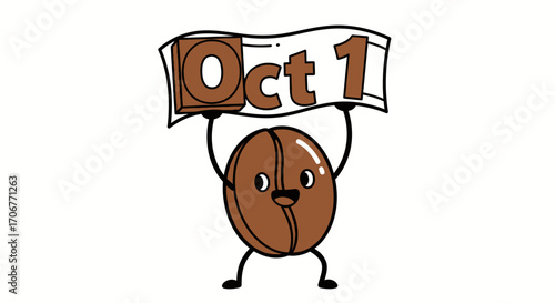 A cheerful cartoon coffee bean character holding a sign that reads 'Oct 1' on a clean white background, celebrating International Coffee Day with a playful and festive mood.