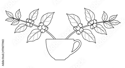 Line drawing of a coffee cup with coffee plant branches and berries on a white background, celebrating International Coffee Day.