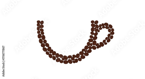 A curved line of brown coffee beans on a white background, celebrating International Coffee Day with a minimalist and earthy tone.