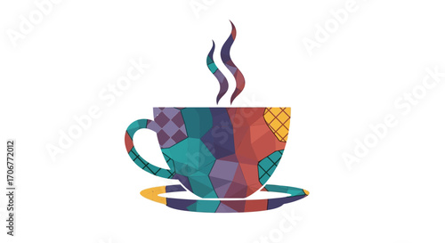 A colorful illustration of a steaming cup of coffee on a saucer, celebrating International Coffee Day with vibrant, geometric patterns and warm tones against a clean white background.