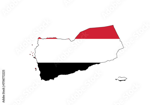 A map of Yemen colored with the Yemeni flag red white and black horizontal stripes