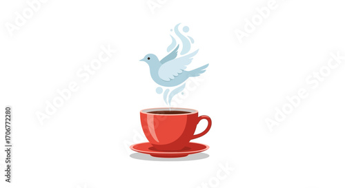 Illustration of a red coffee cup with steam and a white bird rising from it on a plain white background, celebrating International Coffee Day with warm tones.