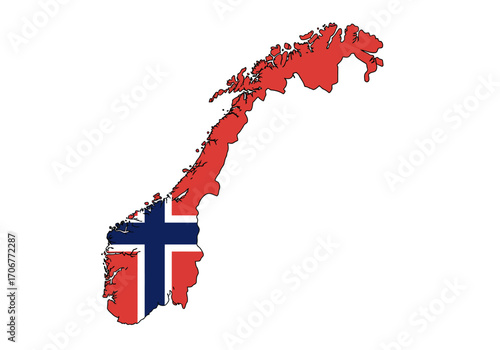 A red outline of Norway overlaid with the Norwegian flag in the lower left corner