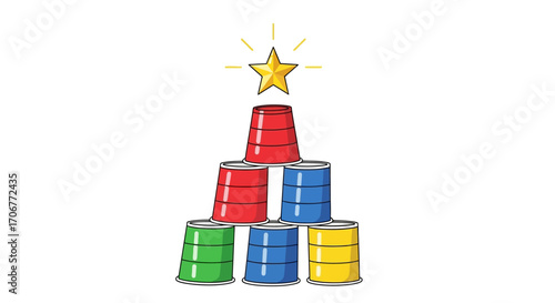 Illustration of a pyramid stack of colorful coffee cups with a star on top, symbolizing International Coffee Day in a celebratory mood against a clean white background.