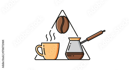 Flat illustration of a steaming mug, coffee bean, and pour-over brewer in a triangular composition with warm tones, celebrating International Coffee Day.