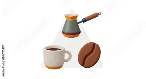 Flat lay illustration of a coffee cup, coffee bean, and pour-over brewer on a white background, celebrating International Coffee Day with warm tones.