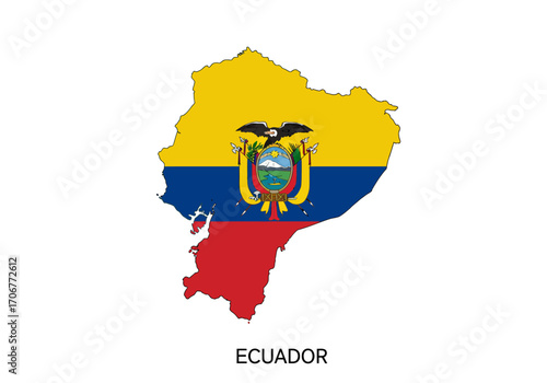 Ecuadors flag colors its country map featuring its coat of arms set against a white background