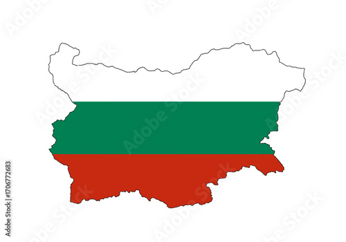 Flag of Bulgaria in shape of the country horizontal white green and red stripes