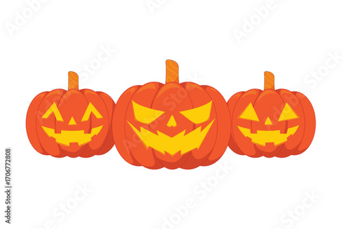 Illustration of three Halloween pumpkins with carved jack o lantern spooky faces in cartoon style ideal for holiday decoration festive party design and seasonal themes