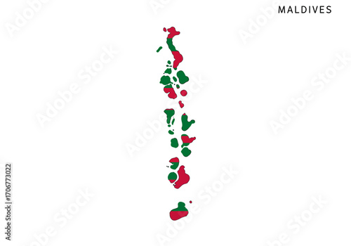 Maldives map depicted in the colors of its flag red and green displayed on a clean white background with MALDIVES text above