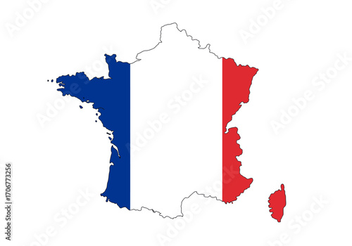 Map of France filled with the colors of the French flag blue white and red