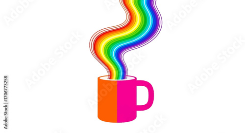 A vibrant illustration of a coffee mug with a rainbow steam rising, symbolizing International Coffee Day on a plain white background with a playful and colorful mood.
