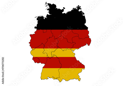 Map of Germany rendered in the colors of the German flag black red and gold