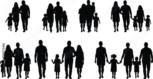 Silhouettes of Families Walking Together with Children in Various Poses – Vector Illustration for Parenting, Unity, and Modern Family Concepts