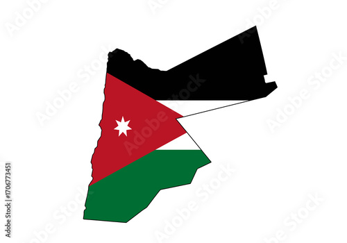 Map of Jordan overlaid with its flag black white and green stripes plus a red triangle with a white star