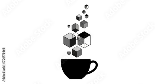 A minimalist graphic illustration of a coffee cup with cubes rising from it, symbolizing International Coffee Day in a modern and abstract way against a clean white background.