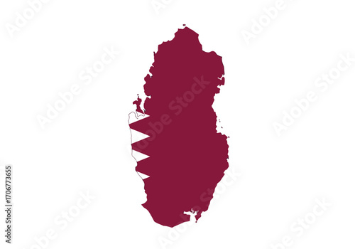 Maroon mapshaped silhouette of Qatar with jagged white border on a white background