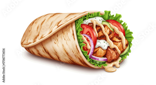 Detailed illustration of a savory chicken kebab wrap, a traditional gyro or shawarma sandwich with fresh salad and sauce isolated on a white background
