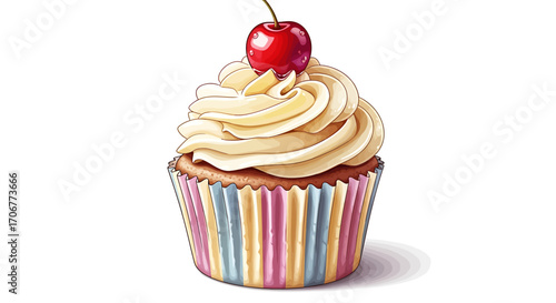 Delicious Cupcake with Vanilla Cream Frosting and Cherry on Top in Colorful Wrapper on White Background
