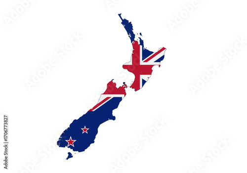 New Zealand map silhouette filled with its flag colors and stars