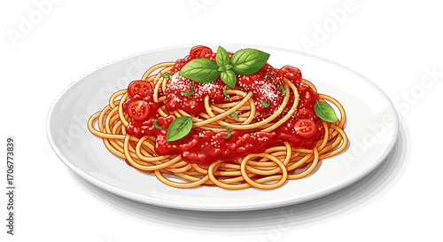 A classic Italian dish of spaghetti pasta served on a white plate with a rich tomato sauce, fresh basil leaves, and grated parmesan cheese illustration