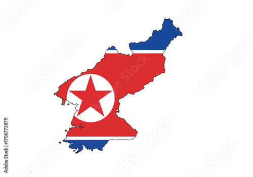 North Korea map overlaid with its national flag featuring red white blue and a prominent star