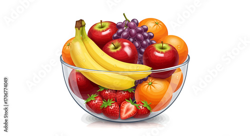 A vibrant and fresh assortment of assorted fruits in a clear glass bowl, featuring bananas, apples, grapes, and strawberries, isolated on a white background