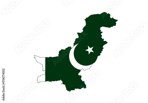 Pakistan map in flag colors green white crescent and star on white background