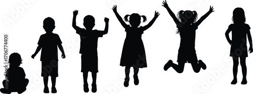 Silhouettes of happy children jumping and playing, different poses, kids having fun, vector illustration, joyful childhood, energetic kids activity.Silhouettes 