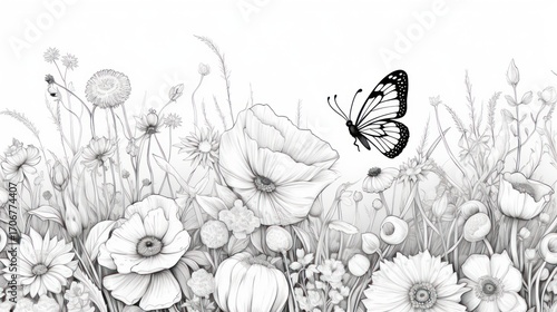 Monochrome flowers and butterfly