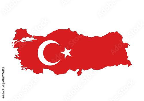Red map silhouette of Turkey with a white crescent moon and star