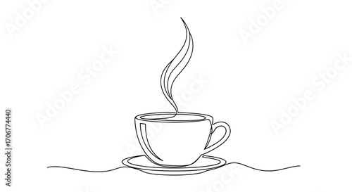 A simple line drawing of a steaming cup of coffee on a saucer, celebrating International Coffee Day with a minimalist design.