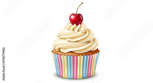 Delicious cupcake with swirled vanilla frosting and a single red cherry on top, presented in a colorful striped liner. A sweet dessert food vector illustration isolated on a white background