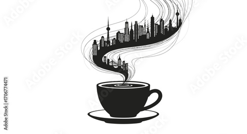 Black and white illustration of a steaming cup of coffee with a city skyline emerging from the smoke on a clean white background.