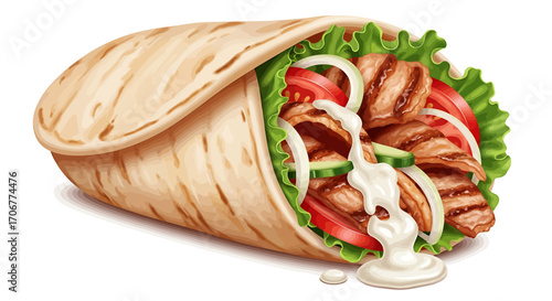 Freshly made shawarma doner kebab wrap with grilled chicken, crisp vegetables, and yogurt sauce in pita bread isolated on white