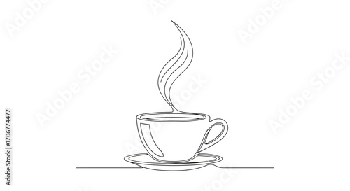 A simple line drawing of a steaming cup of coffee on a saucer, symbolizing International Coffee Day, against a clean white background.