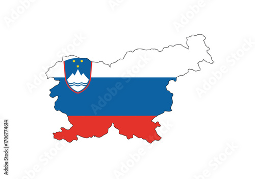 Slovenian flag colors overlayed on a map of Slovenia with the Slovenian coat of arms in the upper left corner