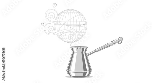 A simple line drawing of a coffee pot with steam rising in a globe-like pattern on International Coffee Day.