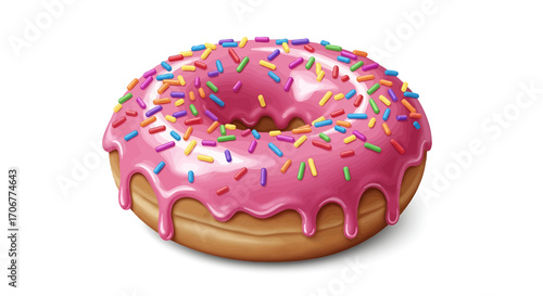 Delicious sweet donut with pink strawberry glaze icing and colorful rainbow sprinkles, isolated on a white background. A tasty dessert pastry