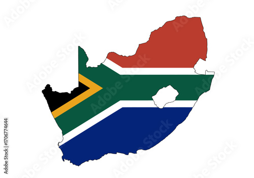 South Africas flag overlaid upon its landmass outline isolated on a white backdrop