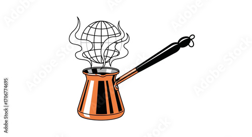 Illustration of a steaming copper coffee pot with a globe on top, symbolizing International Coffee Day on a white background with warm tones.