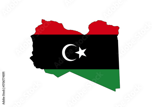 The image depicts the country of Libya overlaid with its national flag
