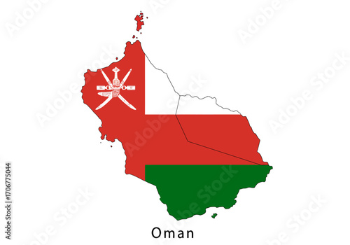 The image shows the flag of Oman superimposed on a map of the country with the word Oman below it